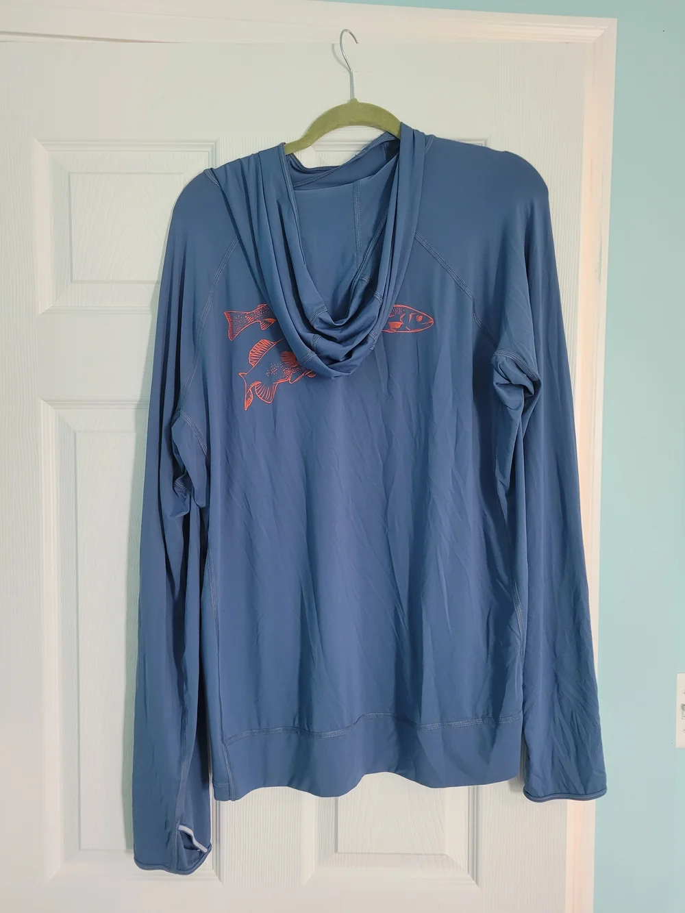 Stio Men's Long-Sleeve Hooded Top in Slate Blue with Coral Logo